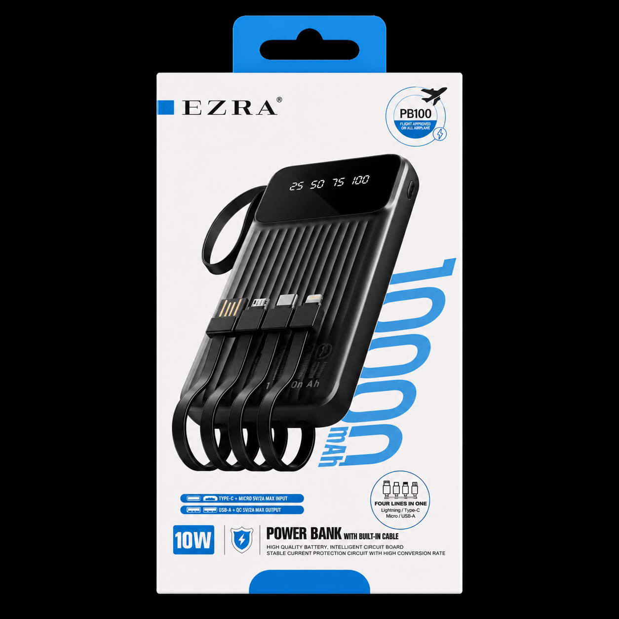 Ezra 10,000Mah 10W Power Bank With Cables