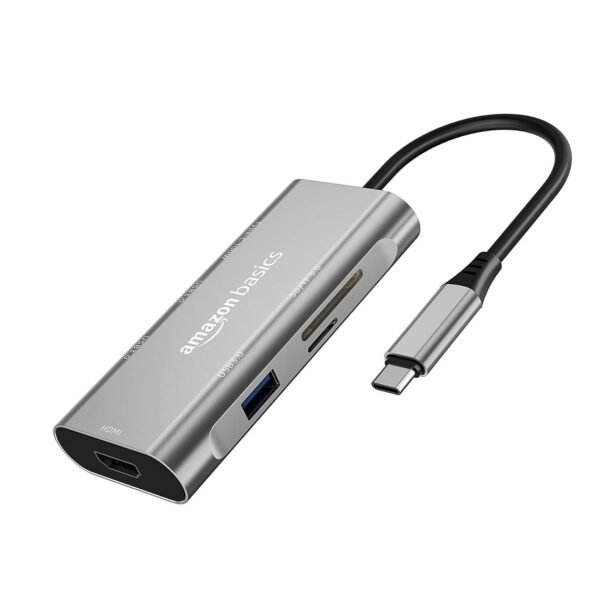 Openbox Amazon Basics USB-C Hub Dock 7-in-1 with 4K 30HZ HDCP Compliant, Aluminium Type C Adapter with 4K HDMI Port, USB 3.0 Port, USB-C Power Delivery, TF/SD Card Reader, Mac and Windows USB-C Devices