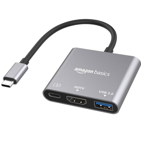 Openbox Amazon Basics 3-in-1 Type C USB to HDMI Adapter with 4K@30 Hz HDMI Fast Charging Port, and USB A 3.0@5 Gbps, for MacBook Pro, Air, Windows, Laptop, iPad, Tablet, and Smartphone