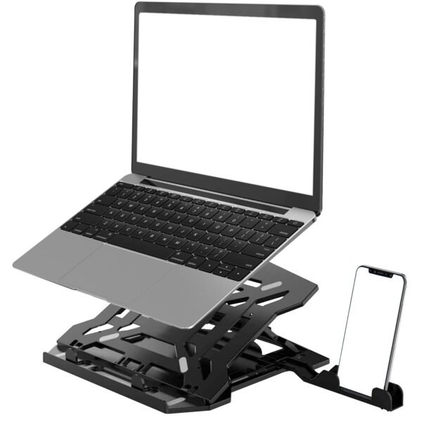 Openbox AmazonBasics 2-in-1 Laptop and Mobile Stand, Ergonomic, Adjustable Height, Anti-Slip Base, Heat Dissipation, Portable, Lightweight, Compatible with All Laptops Up to 15.6" (Abs, Black)