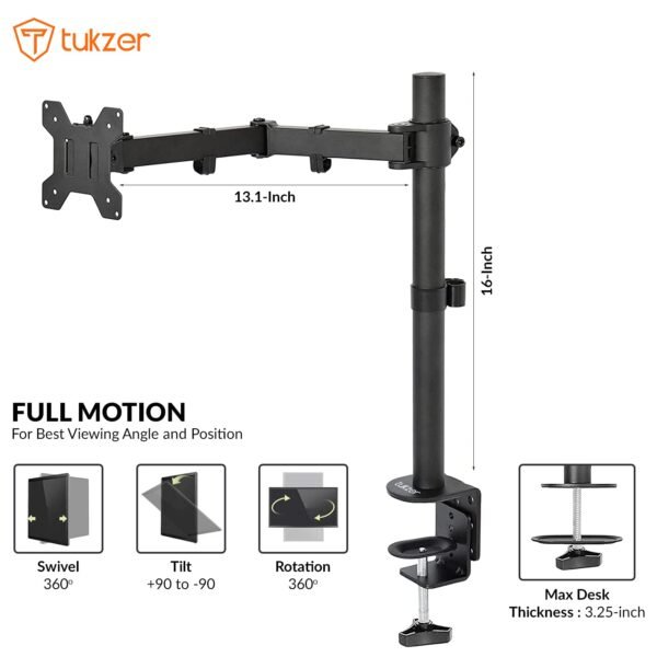 Openbox Tukzer Single 13 to 27-inch(33 to 68.5cm) LCD Monitor Desk Mount Stand, Height Adjustable Arm Mount, Fully Adjustable, Tilt, Articulating/Holds 1 Screen Stand-Steel (TZ-T19)