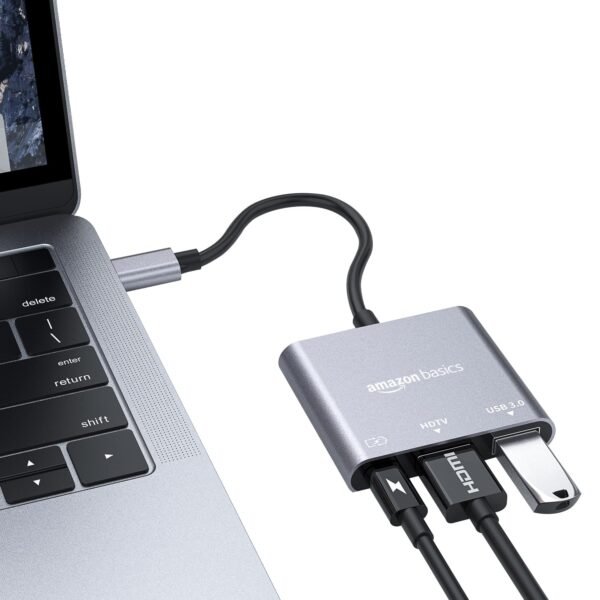 Openbox Amazon Basics 3-in-1 Type C USB to HDMI Adapter with 4K@30 Hz HDMI Fast Charging Port, and USB A 3.0@5 Gbps, for MacBook Pro, Air, Windows, Laptop, iPad, Tablet, and Smartphone