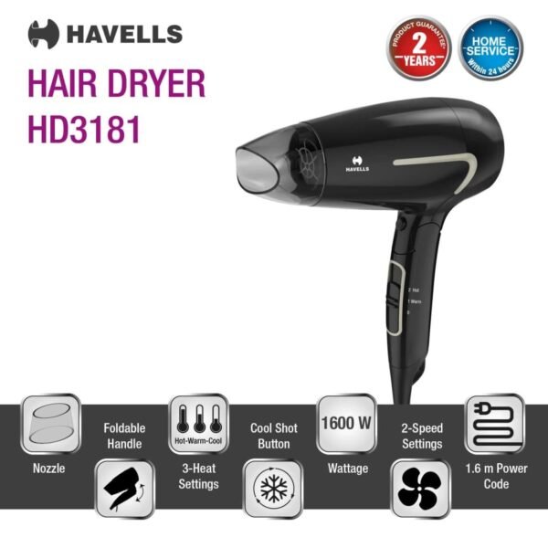 Havells HD3181 1600 Watts Unisex Foldable Hair Dryer (Black) - Image 6