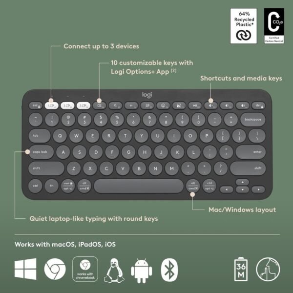 Openbox Logitech K380 Easy-Switch for Upto 3 Devices Slim Bluetooth Tablet Keyboard (Black) - Image 6